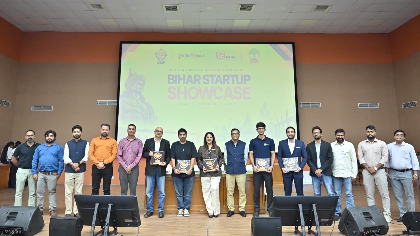 Founders, investors and organisers on stage at Bihar Startup Showcase, CIMP Patna