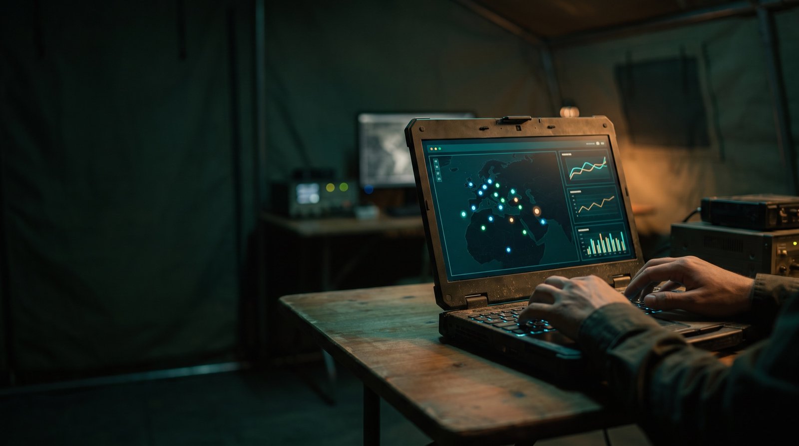 Real-time command dashboard on a rugged laptop at a field command post